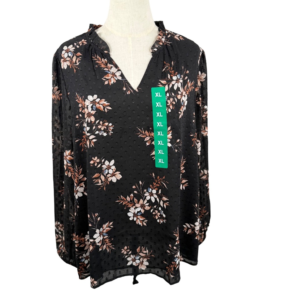 Hilary Radley XL Semi Sheer Blouse Black Floral Swiss Clip Dot Ruffle V Neck NWT